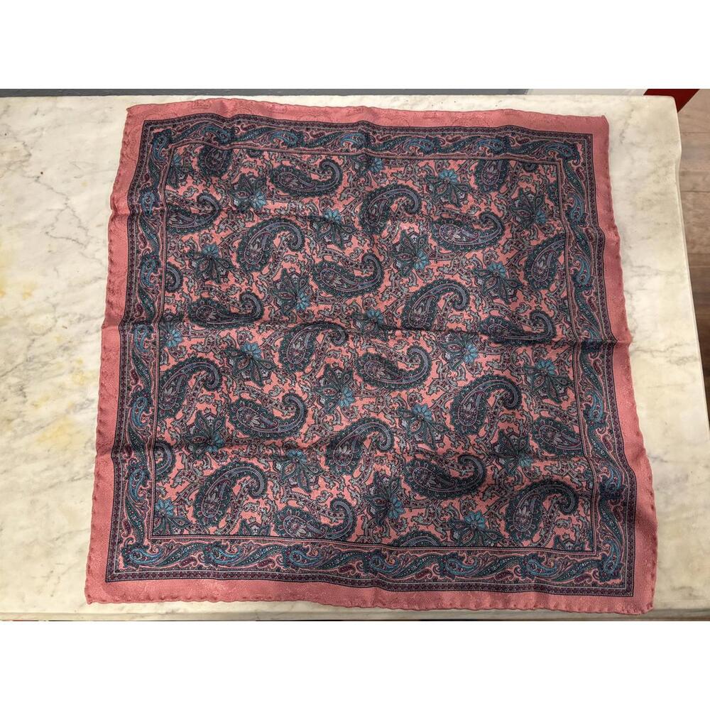 Vintage Italian Silk Pocket Square  Classic Pink & Blue Paisley Made in Italy